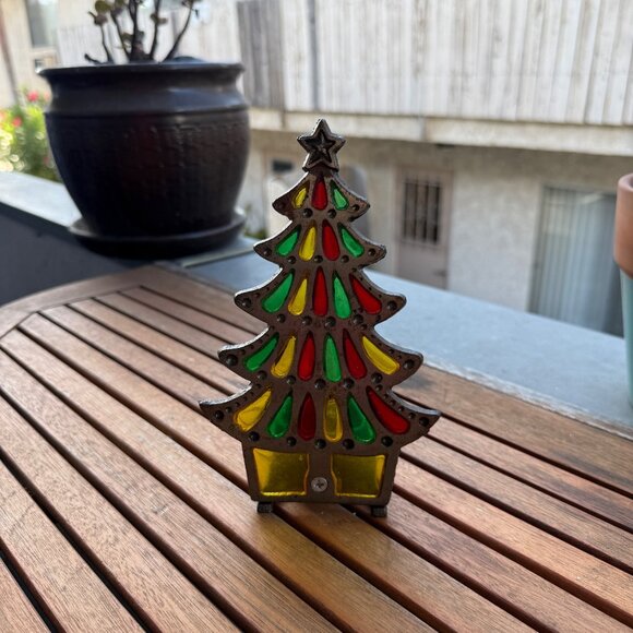 Vintage Cast Iron Stained Glass Christmas Tree Votive Candle Holder - Picture 1 of 5